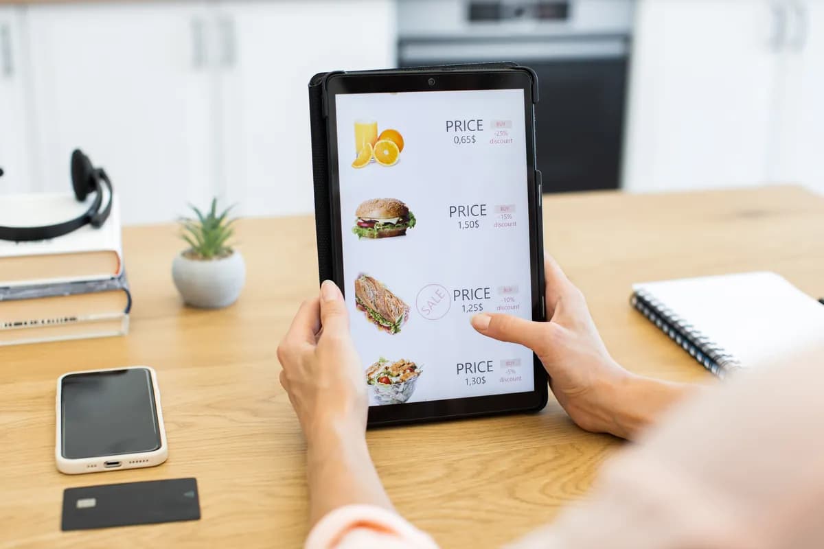 A customer ordering food from a digital menu on a tablet device
