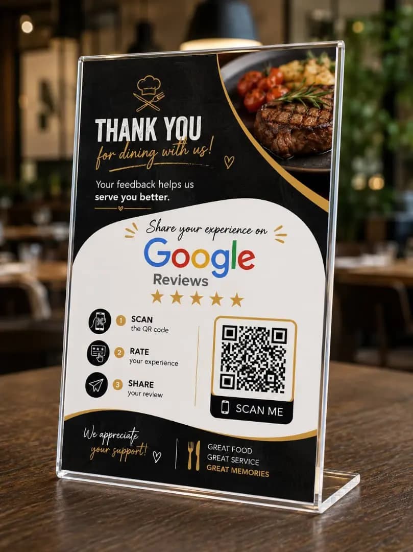 Custom Google review stand for a restaurant — black and gold design with food photography, sitting on a wooden table