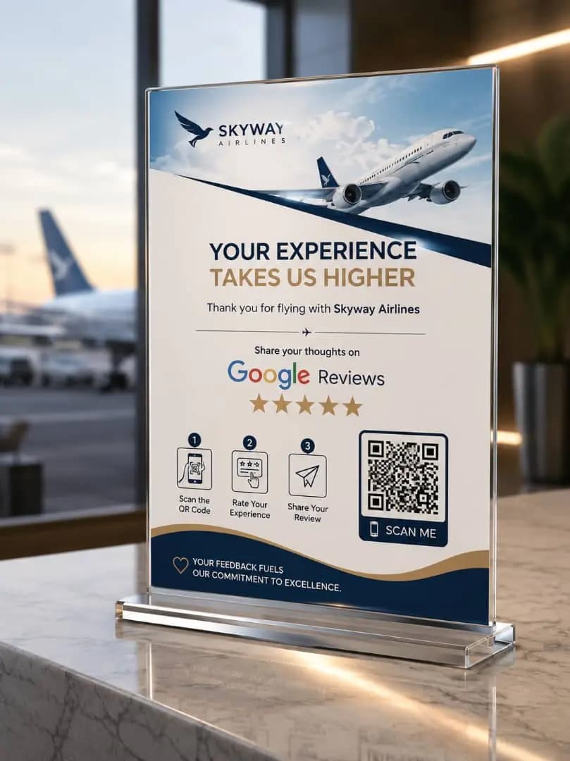 Custom Google review stand for an airline — Skyway Airlines branding with plane imagery, on a marble counter