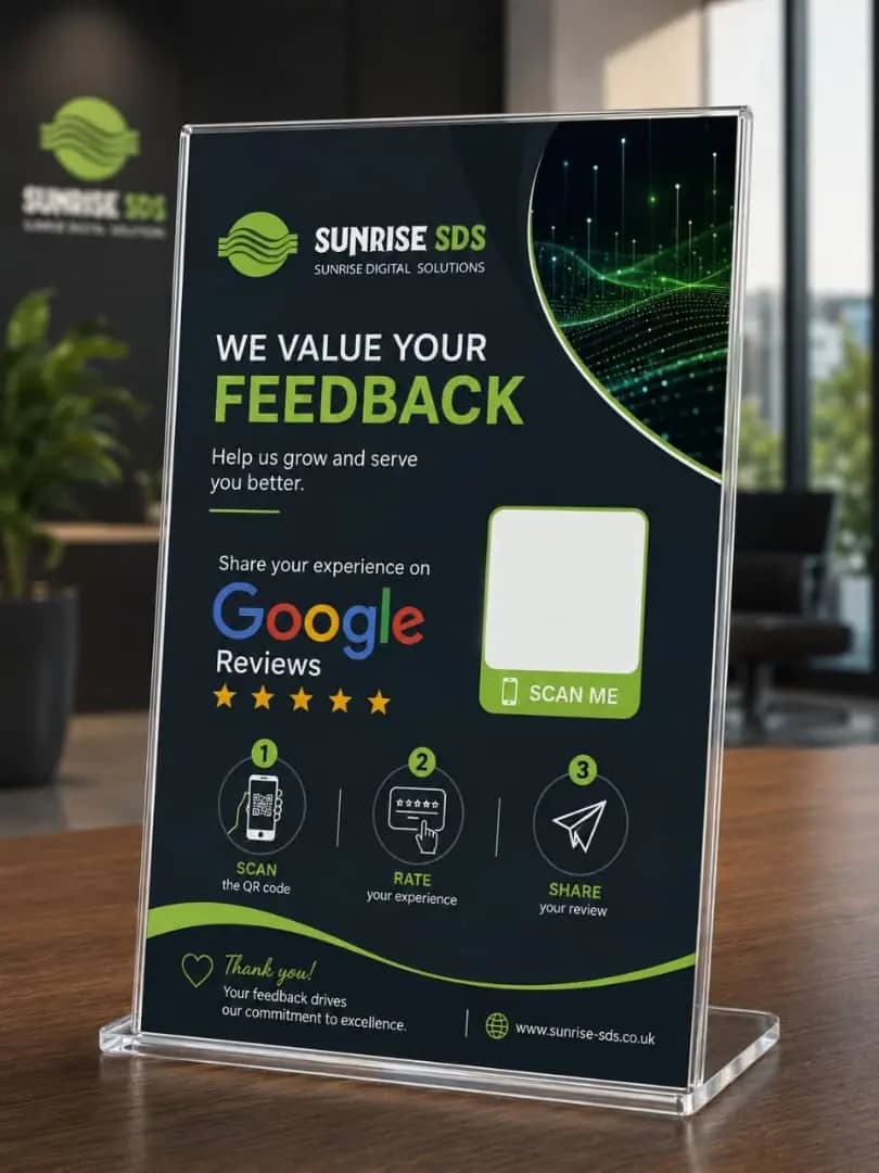 Custom Google review stand for a professional services office — Sunrise SDS branding in green and dark navy