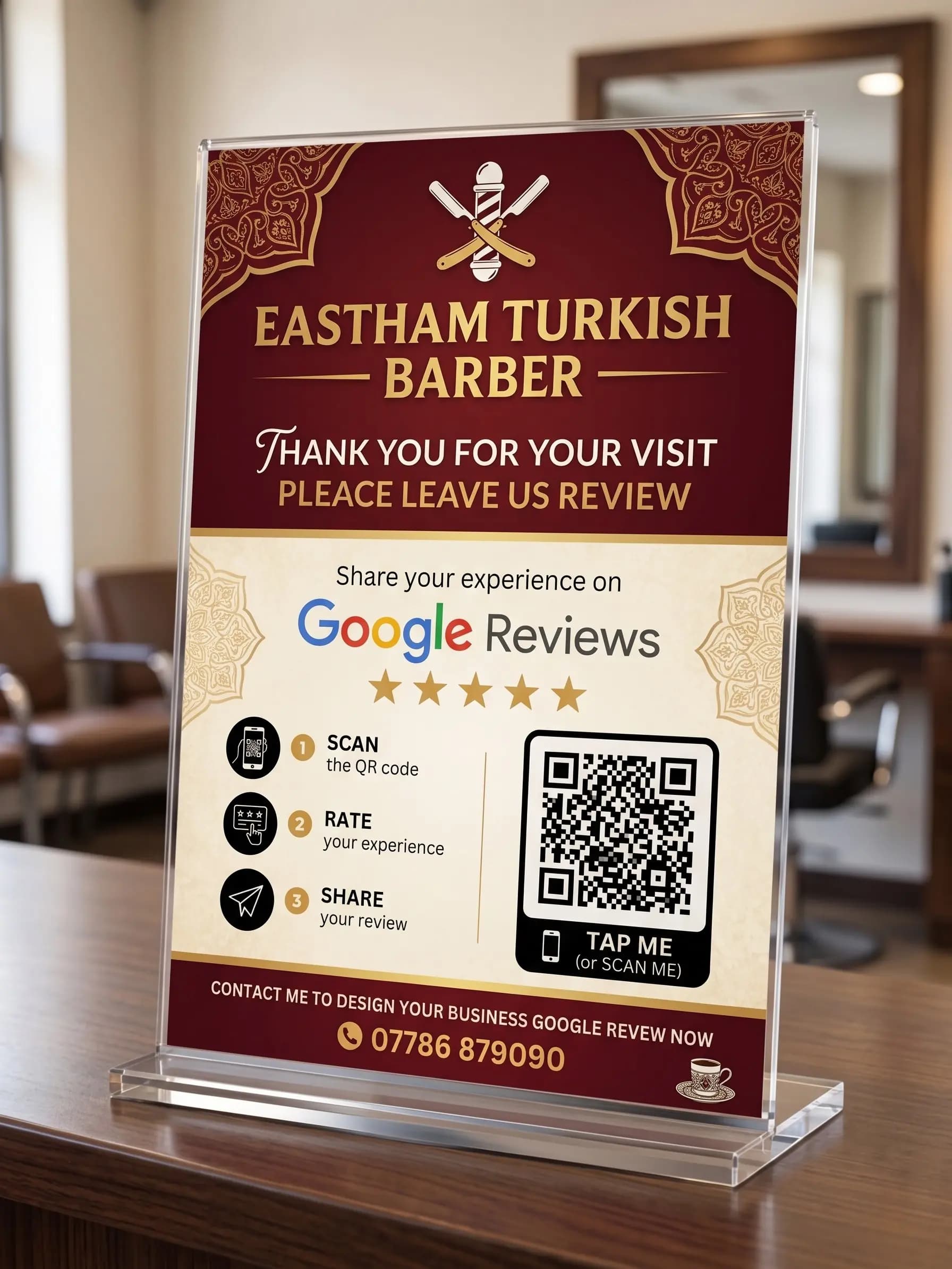 Custom Google review stand for a Turkish barber shop — burgundy and gold design with classic barber pole crest, formal heritage style