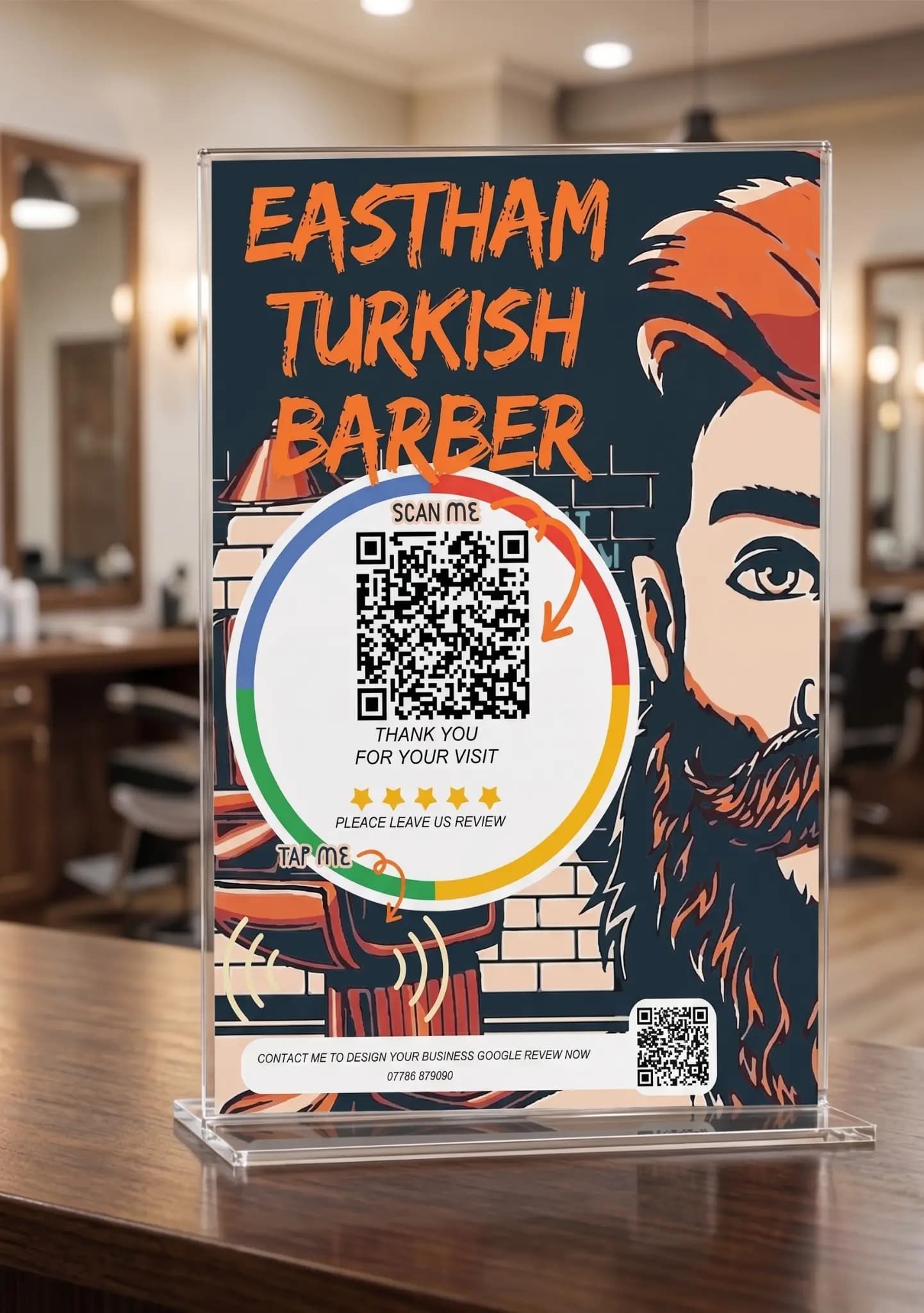 Custom Google review stand for a Turkish barber shop — bold illustrative design with bearded barber graphic, navy and orange streetwear style