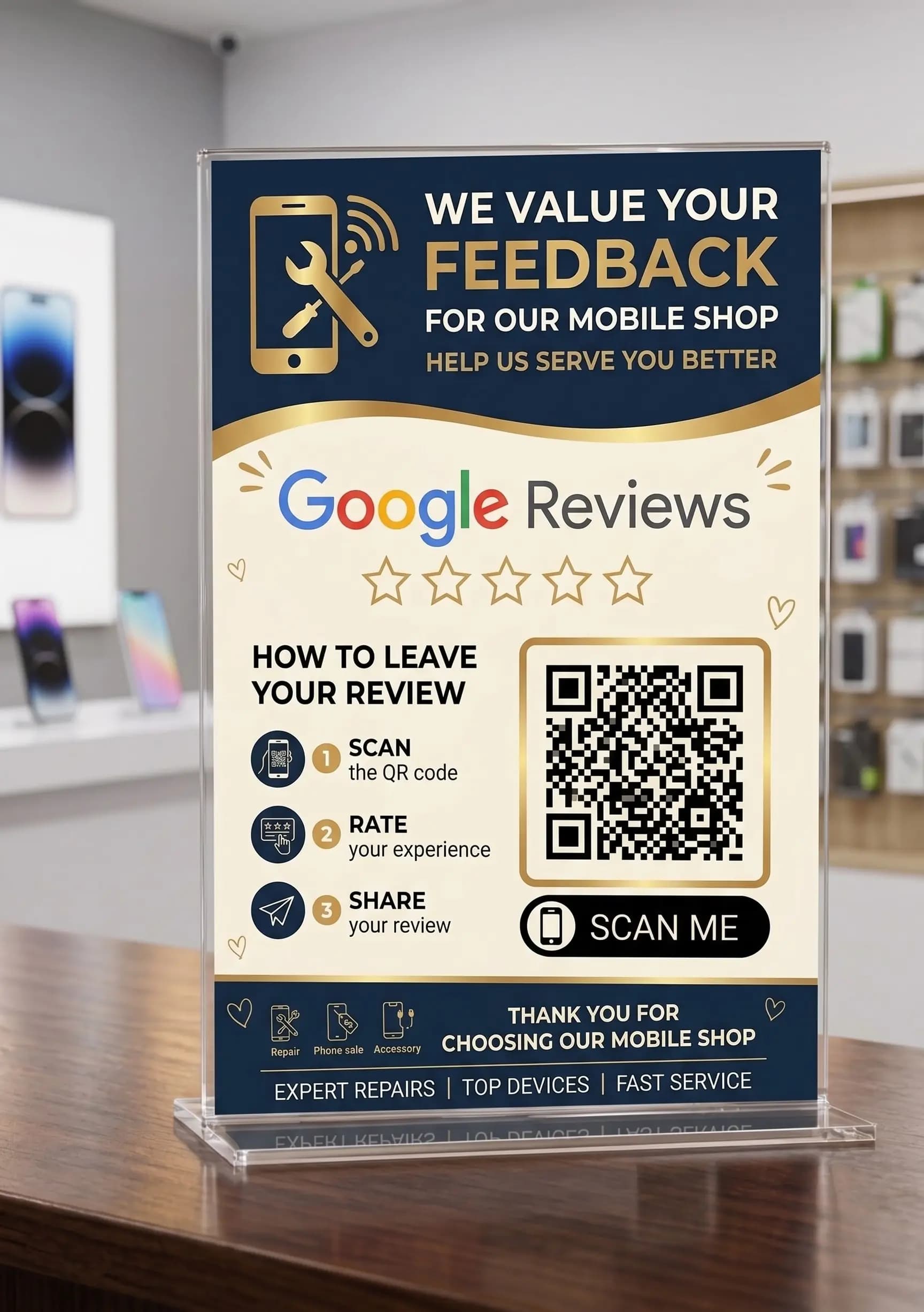 Custom Google review stand for a phone repair shop — navy and gold with phone-and-wrench icon, expert repairs tagline